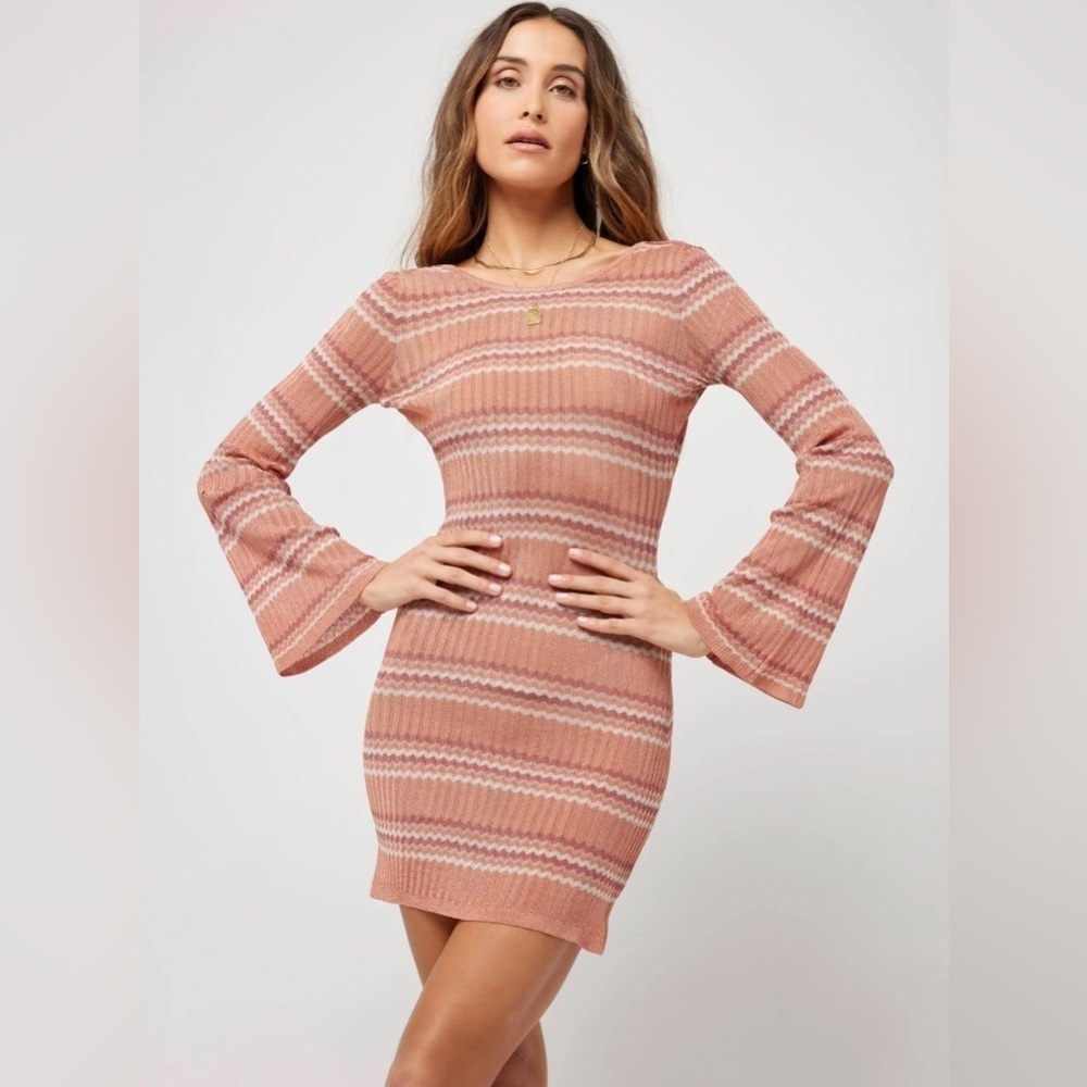 NWT L*Space Mini Dress Bathing Suit Coverup Tunic Striped Knit Long Sleeve